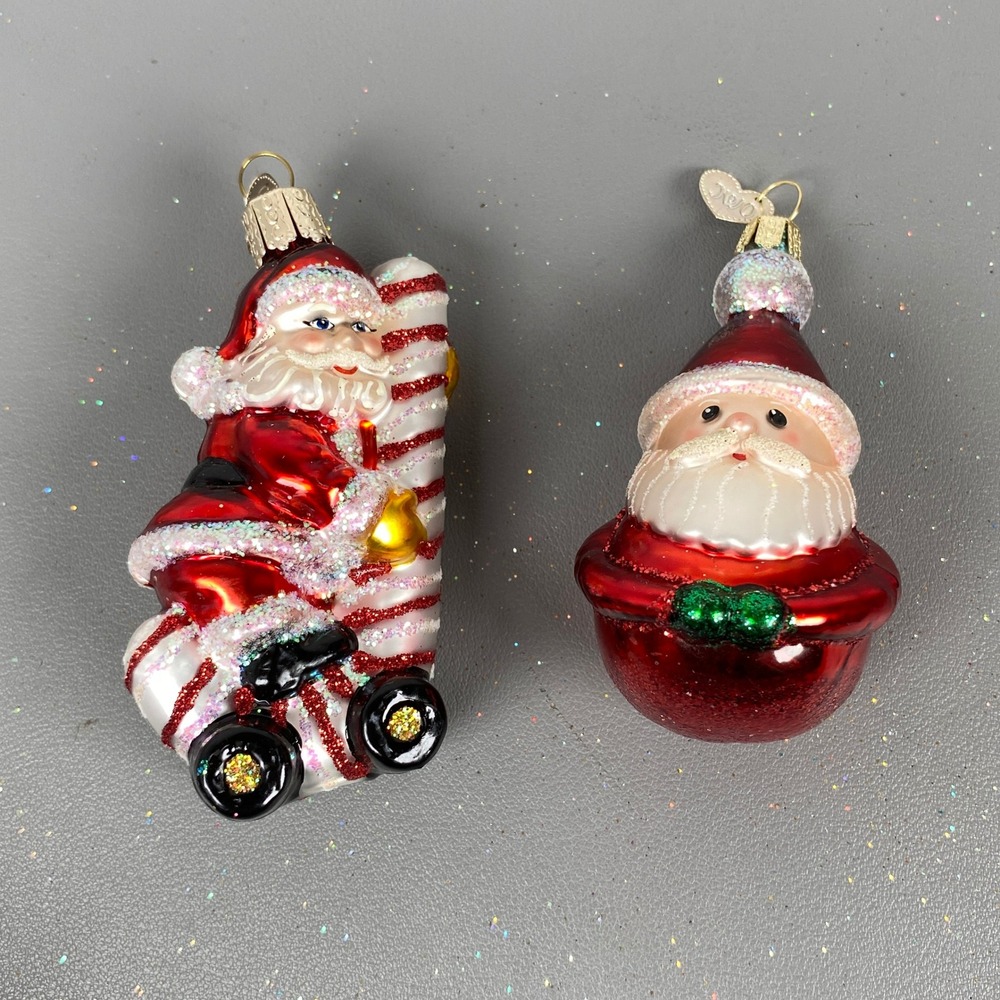 2 Old World Christmas Holiday Glass Glitter Ornaments Candy Cane & Ball Santa